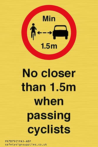 Schild mit Aufschrift "No closer than 1.5m when passing cyclists", 50 x 75 mm, A8P Schild mit Aufschrift "No closer than 1.5m when passing cyclists", 50 x 75 mm, A8P von Viking Signs