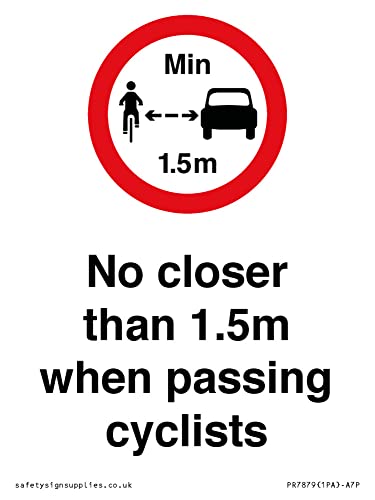 Schild "No closer than 1,5 m when passing cyclists", 75 x 100 mm, A7P von Viking Signs