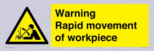 Schild mit Aufschrift "Warning Rapid movement of workpiece", 600 x 200 mm, L62 von Viking Signs