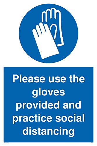 Schild mit englischer Aufschrift „Please use the gloves provided and Practice Social Distancing“, Kunststoff, 3 mm Schild mit englischer Aufschrift „Please use the gloves provided and Practice Social Distancing“, Kunststoff, 3 mm von Viking Signs