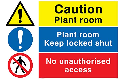 Viking Schilder CV5295-A4L-V "Caution Plant Room, Plant Room Keep Locked Shut, No Unauthorised Access" Schild, Vinyl/Aufkleber, 300 mm H x 200 mm B von Viking Signs