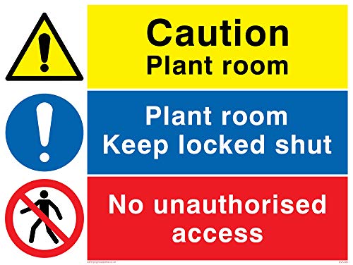 Viking Signs CV5295-A5L-1M englisches Schild „Caution Plant Room, Plant Room Keep Locked Shut, No Unauthorised Access", 1 mm Kunststoff, halbstarr, 200 x 150 mm (H x B) von Viking Signs