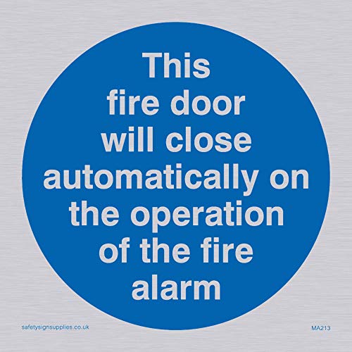 Viking Schilder ma213-s85-sv "Diese Fire Tür schließt automatisch auf die Bedienung des Fire Alarm" Sign, silber Vinyl, 85 mm x 85 mm von Viking Signs