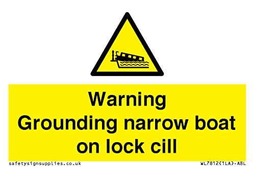 Warnschild mit Aufschrift "Warning Grounding narrow boat on lock cill", 75 x 50 mm, A8L Warnschild mit Aufschrift "Warning Grounding narrow boat on lock cill", 75 x 50 mm, A8L von Viking Signs