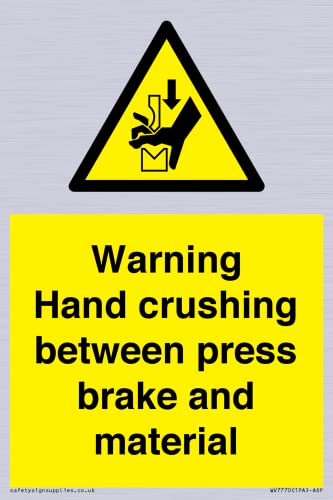 Warnschild mit Aufschrift "Warning Hand Crushing between press brake and material", 100 x 150 mm, A6P von Viking Signs