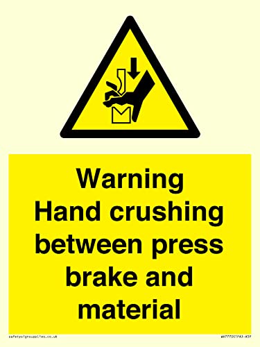 Warnschild mit Aufschrift "Warning Hand Crushing between press brake and material", 150 x 200 mm, A5P Warnschild mit Aufschrift "Warning Hand Crushing between press brake and material", 150 x 200 mm, A5P von Viking Signs