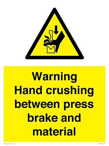 Warnschild mit Aufschrift "Warning Hand Crushing between press brake and material", 300 x 400 mm, A3P von Viking Signs