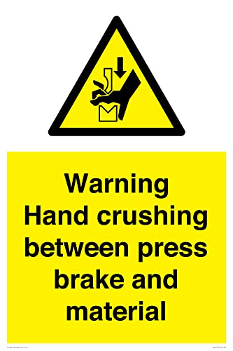 Warnschild mit Aufschrift "Warning Hand Crushing between press brake and material", 400 x 600 mm, A2P von Viking Signs