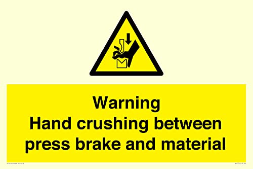 Warnschild mit Aufschrift "Warning Hand Crushing between press brake and material", 600 x 400 mm, A2L Warnschild mit Aufschrift "Warning Hand Crushing between press brake and material", 600 x 400 mm, A2L von Viking Signs