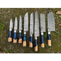 Handgeschmiedete Damast-stahl Profi-Kochmesser-Set 8, Küchenmesser Mit Ledertaschenrolle, Olivenholz-Kochmesser, Groomsman-Geschenk von VikingsCraftPk