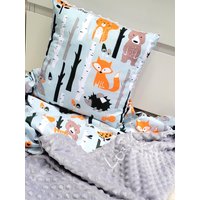 Kissen Und Babydecke Set Zur Geburt Oder Taufe Mit Namen Waldtiere Mint Orange von ViktoriasTraum