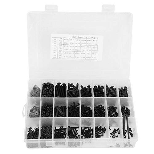 1080 Stück Sechskantschraube Mutternsatz, Halbkreiskopf aus schwarzem Kohlenstoffstahl Sechskantschraube Mutter Schraube Flacher Scheibenschlüssel Kombinationssatz von Vikye