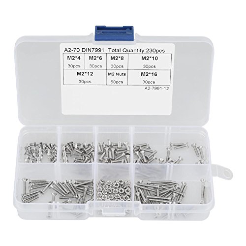 Schrauben Schrauben Muttern, 230 Stück Edelstahl M2 304 Flachkopf Schrauben Schrauben Muttern Sortiment Kit mit Kunststoffbox von Vikye