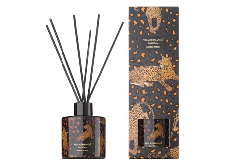 Vila Hermanos Raumduft Diffuser 100ml – Savage Africa – Duftstäbchen mit Leoparden-Design – Aromatherapie für Wohnzimmer & Bad – Geschenkset mit exotischem Duft & Rattanstäbchen von Vila Hermanos