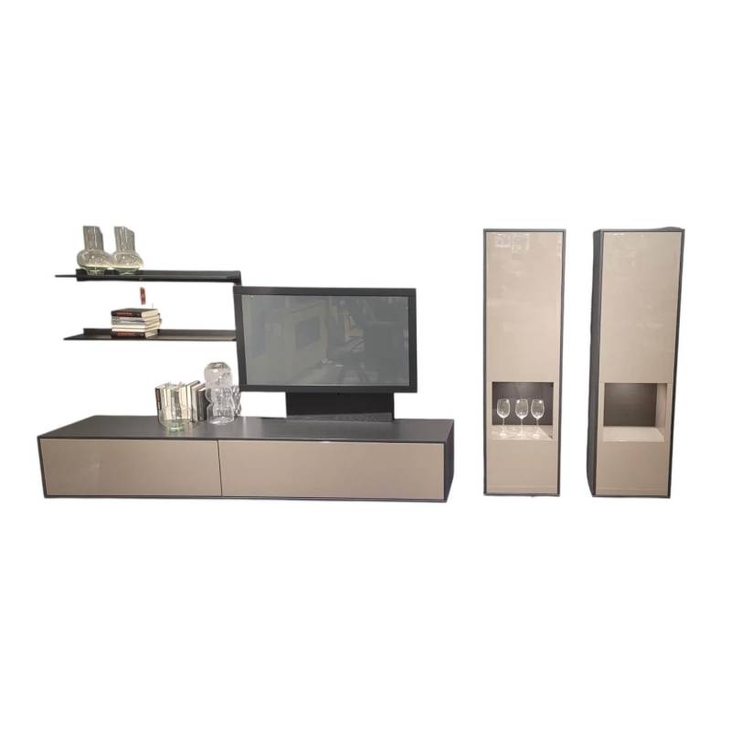 Wohnwand Silea Wohnen Front Lack Hochglanz Taupe Korpus Eiche Graphit Mit Beleuc... von Vilano