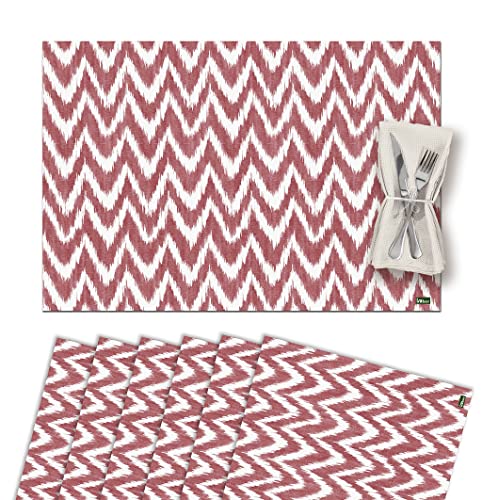 Vilber, Set mit 6 Tischsets aus Vinyl, waschbar, wasserdicht, schmutzabweisend, rutschfest, antihaftbeschichtet, hitzebeständig, Ikat-Mallorca-Stil, Zig Zag, Rot INCA von Vilber