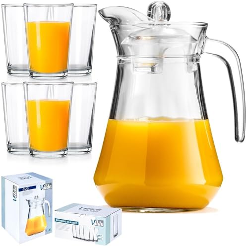 Glaskaraffe Karaffe Krug aus Glas mit Deckel 1,4 L + Gläser Trinkgläser 6 Stk. 200 ml von Vilde