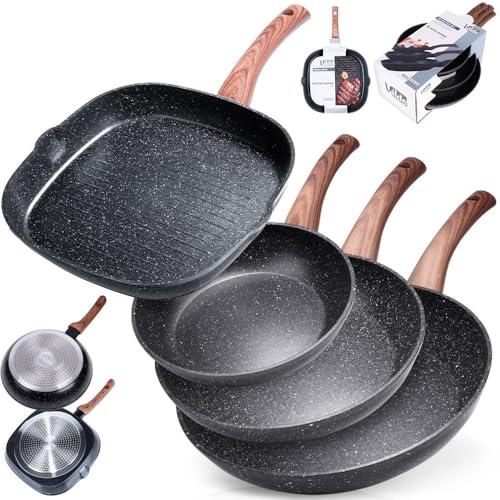 Pfannen-Set mit Granitbeschichtung Bratpfanne 20/24 / 28 + Grillpfanne 28x28 cm BLACK&WOOD 4 Stk. von Vilde
