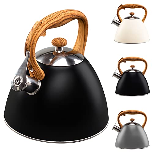 VILDE Wasserkessel Induktion 3L - Edelstahl Schwarz Matt - Flötenkessel mit Holzgriff-Imitat - Ideal für Moderne & Traditionelle Küchen - Pfeifkessel für Alle Herdarten Einschließlich Induktion von Vilde