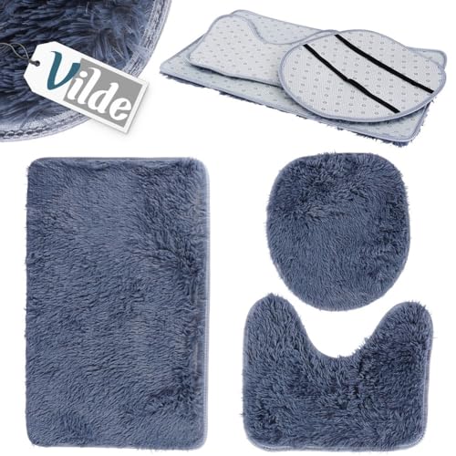 Vilde Badezimmerteppich Set Badteppich-Set Badvorleger Badmatte dunkelblau 3 EL. von Vilde