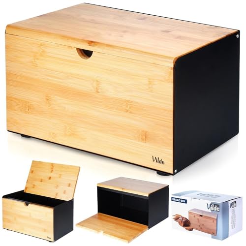 Vilde - Brotkasten - Brotbox - Brotbehälter aus Metall und Holz mit Doppeldeckel - Bread box - Brot aufbewahrungsbox - schwarz - 35,5x22x20,5 cm von Vilde