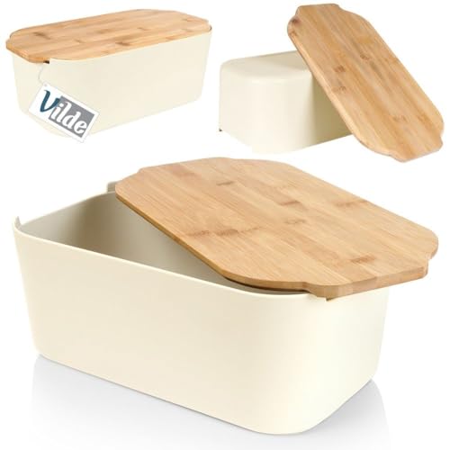 Vilde Brotkasten mit Holzbrett Creme - Brotkorb - Brotbox - Brotbehälter - brottopf zum aufbewahren - Bread Box - Brot Aufbewahrungsbox - 33x18,5x12 cm von Vilde