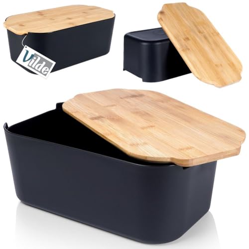 Vilde Brotkasten mit Holzbrett Schwarz - Brotkorb - Brotbox - Brotbehälter - brottopf zum aufbewahren - Bread Box - Brot Aufbewahrungsbox - 33x18,5x12 cm von Vilde