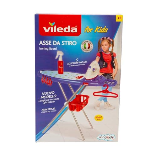 Vileda, Bügelset, 7-teilig, Bügeltisch, Bügeleisen, Korb, Kleiderbügel, 3 Wäscheklammern, Reproduktion Produkte der Marke Vileda, Spielzeug für Kinder ab 3 Jahren, VLE03 von Vileda