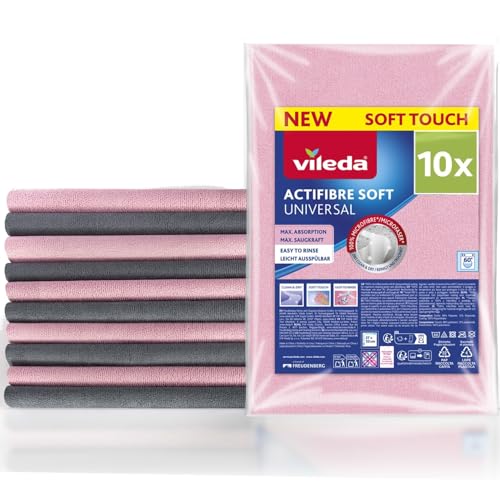 Vileda Actifibre Soft Universal Mikrofasertuch, Reinigungstuch aus 100 Prozent Mikrofaser für streifenfreie Ergebnisse, hohe Saugkraft, ideal für alle glatten Oberflächen, rosa und grau, 10 Stück von Vileda