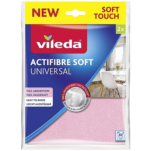 Vileda Actifibre Soft Universal Mikrofasertuch, Reinigungstuch aus 100 Prozent Mikrofaser für streifenfreie Ergebnisse, hohe Saugkraft, für alle glatten Oberflächen, rosa und grau, 2er Pack von Vileda