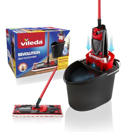 Vileda - Alle Bodenreinigungssystem mit Eimer, Abtropfgestell und Ständer mit Mikrofasertuch - Schwarz/Rot von Vileda