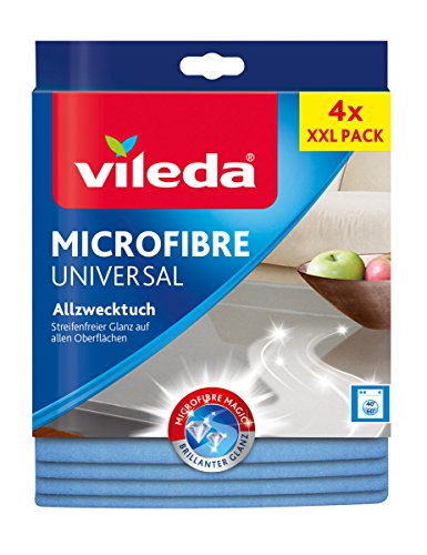 Vileda Allzwecktuch Universal, zu 100% aus Mikrofasern, streifenfreier Glanz, für empfindliche Oberflächen, 38 x 36 cm, 4er Pack, Blau von Vileda