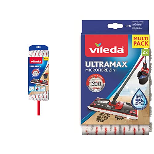 Vileda Bodenwischer, Microfaser, rot/weiß, 7 x 14 x 105 cm & Ultramax Power Wischer Nachfüllpack für Flachbesen, Mikrofaser, weiß/rot, 2 Stück (1er Pack) von Vileda