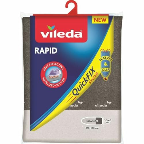 Vileda Express Rapid Bügelbrettbezug für Dampfbügelstation, metallisierte und wärmereflektierende Oberfläche für schnelleres Bügeln, Bügelbretter von 30-45cm x 110-130cm, Farbe Silber-Grau Metallic von Vileda