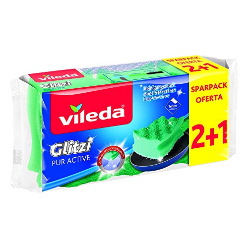 Vileda Glitzi PurActive Reinigungsschwamm, entfernt selbst hartnäckigsten Schmutz ohne zu Verkratzen, geeignet für empfindliche und hochwertige Oberflächen, Farbe grün, 2+1 Sparpack von Vileda
