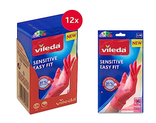 Vileda Sensitive Easy Fit, Größe L, 12 Paar Haushaltshandschuhe aus Nitril, latex- und puderfrei, maximale Empfindlichkeit und Komfort, leicht zu tragen, Rosa - Große Größe von Vileda