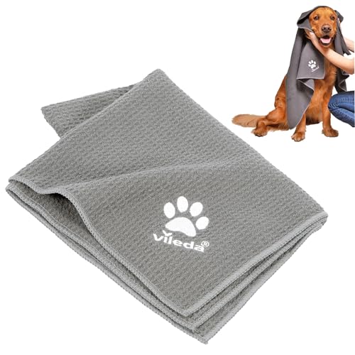 Vileda Pet Pro Mikrofaser-Handtuch XL, zur Reinigung und zum Abtrocknen von Haustieren, 65 x 100 cm, Handtuch mit Waffelstruktur, weiches Mikrofaser-Material, für große Hunde, Grau von Vileda