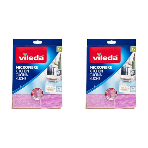 Vileda Mikrofaser Küchentuch, 2 Reinigungsseiten – Reinigungspower trifft auf streifenfreien Glanz, 32 x 1 x 32 cm, Farbe lila, 2er Pack von Vileda