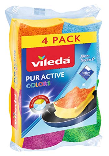 Vileda PurActive Colors Reinigungsschwämme, entfernen selbst hartnäckigsten Schmutz ohne zu Verkratzen, empfohlen für Teflon-beschichtete Oberflächen, leicht ausspülbar, mehrfarbig, 4er Pack von Vileda