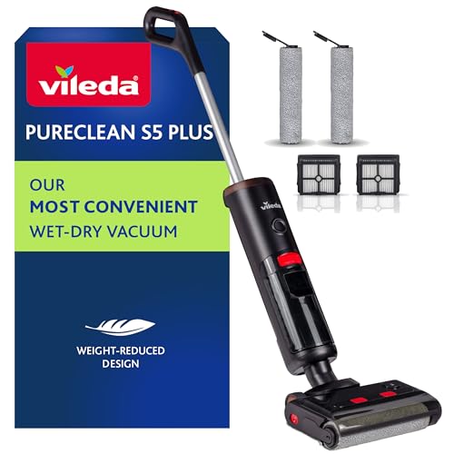 Vileda PureClean S5 Nass-Trockensauger mit Zubehör (2 Rollen, 2 Filter) | Kabelloser Akku Saugwischer mit Doppeltank & 100 % Wassertrennung - Leicht, für alle Böden | 180 m² mit 30 Min Akkulaufzeit von Vileda