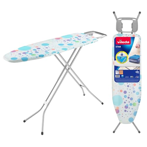 Vileda Star Bügelbrett mit Aufhängehaken, höhenverstellbar, mittlere Bügelfläche, 120 cm x 38 cm, Bezug aus 100% Baumwolle mit Schaumstoff, rutschfeste Füße, kindersicherer Zug und Hebeverschluss von Vileda