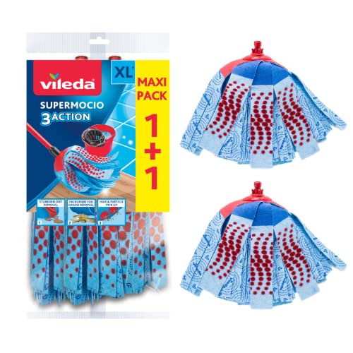 Vileda SuperMocio 3Action Wischmopp Ersatzkopf, Mikrofaser Moppkopf mit Schrubberzone und Velours Fasern, ideal für Fließen und Steinböden, 2er Vorteilspack von Vileda