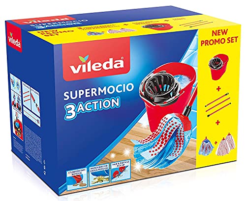 Vileda SuperMocio Box, Bodenreinigungssystem, Set mit Auswringer, 2 Mikrofaser- & Power-Flocken, 1 Schleife 3 Action, Griff 3 Stück, Rot von Vileda