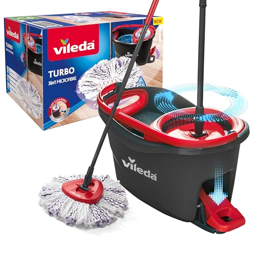 Vileda Turbo 3in1 Komplett-Set | Wischmopp mit Mikrofaser-Moppkopf gegen hartnäckigen Schmutz | Eimer mit Pedal-Schleuder - Für alle Böden | Entfernt 99 % der Bakterien,Teleskopstiel 85–123 cm von Vileda