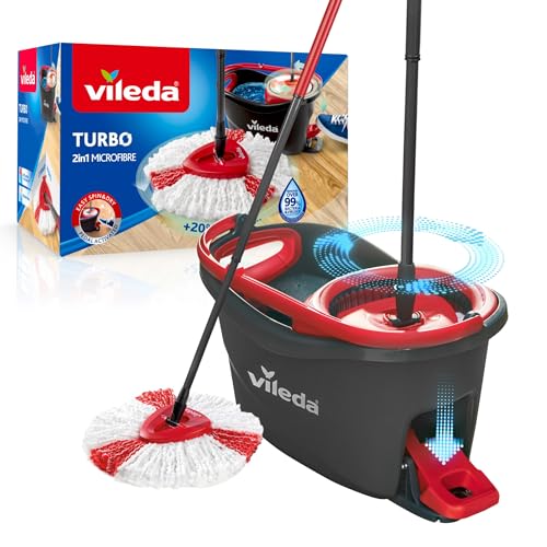 Vileda Turbo Wischmopp Komplett Set , Bodenwischer mit Teleskopstiel, Mikrofaser Moppkopf mit Kraftfasern und Eimer mit Powerschleuder, für alle Böden, schnell und reinigungsstark, Stiellänge 75-130cm von Vileda