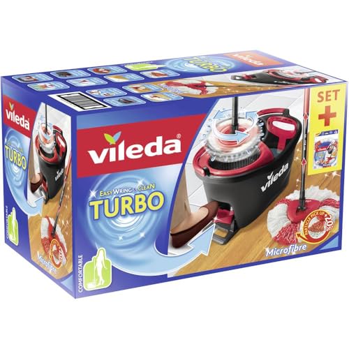 Vileda Turbo Wischmopp Komplett Set mit extra 2in1 Moppkopf, Bodenwischer mit Teleskopstiel, 2 Mikrofaser Moppköpfe mit Kraftfasern und Eimer mit Powerschleuder, schnell und reinigungsstark von Vileda
