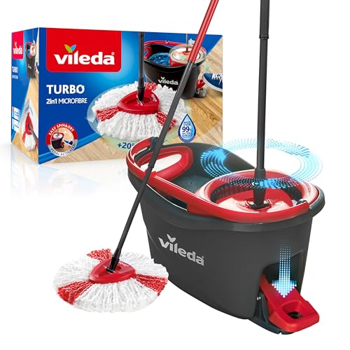 Vileda TURBO Wischmopp Komplett Set, Bodenwischer mit Mikrofaser-Moppkopf, Teleskopstiel (58-123cm), Eimer mit Schleuder und Fußpedal, für alle Böden, nachhaltiges Wischsystem, Eco-Verpackung von Vileda