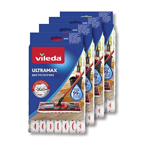 Vileda Ultramax Bodenwischer Ersatzbezüge, Wischmopp Bezug Ultramat_Ultramax aus Mikrofasern, für alle Hartböden, Waschmaschinen geeignet, 4er Sparpack, Eco-Verpackung von Vileda
