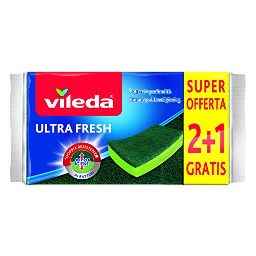 Vileda Ultra Fresh Schleifschwamm, saugfähig, Kratzfest, mit Faserteil, antibakteriell, Format 2+1, Grün von Vileda