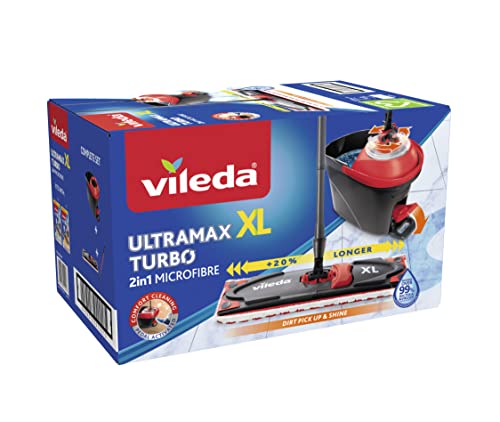 Vileda Ultramax XL Turbo 2in1 Bodenwischer Komplett Set, extrabreiter Wischmopp mit Stiel, Mikrofaserbezug und Eimer mit Powerschleuder, für alle Hartböden, Wischerplatte 42cm, Stiellänge 75-130cm von Vileda